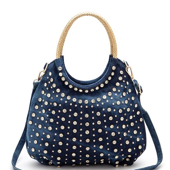 Handbags - Gold & Denim Blue Studded Top Handle Handbag